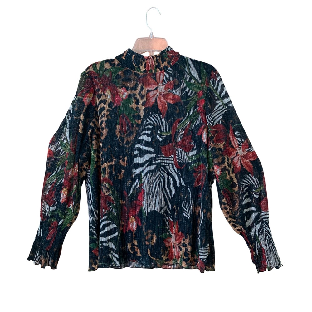 Chico's Crinkle Shine Mock-Neck Metallic Blouse Animal Print Floral (Size XL)